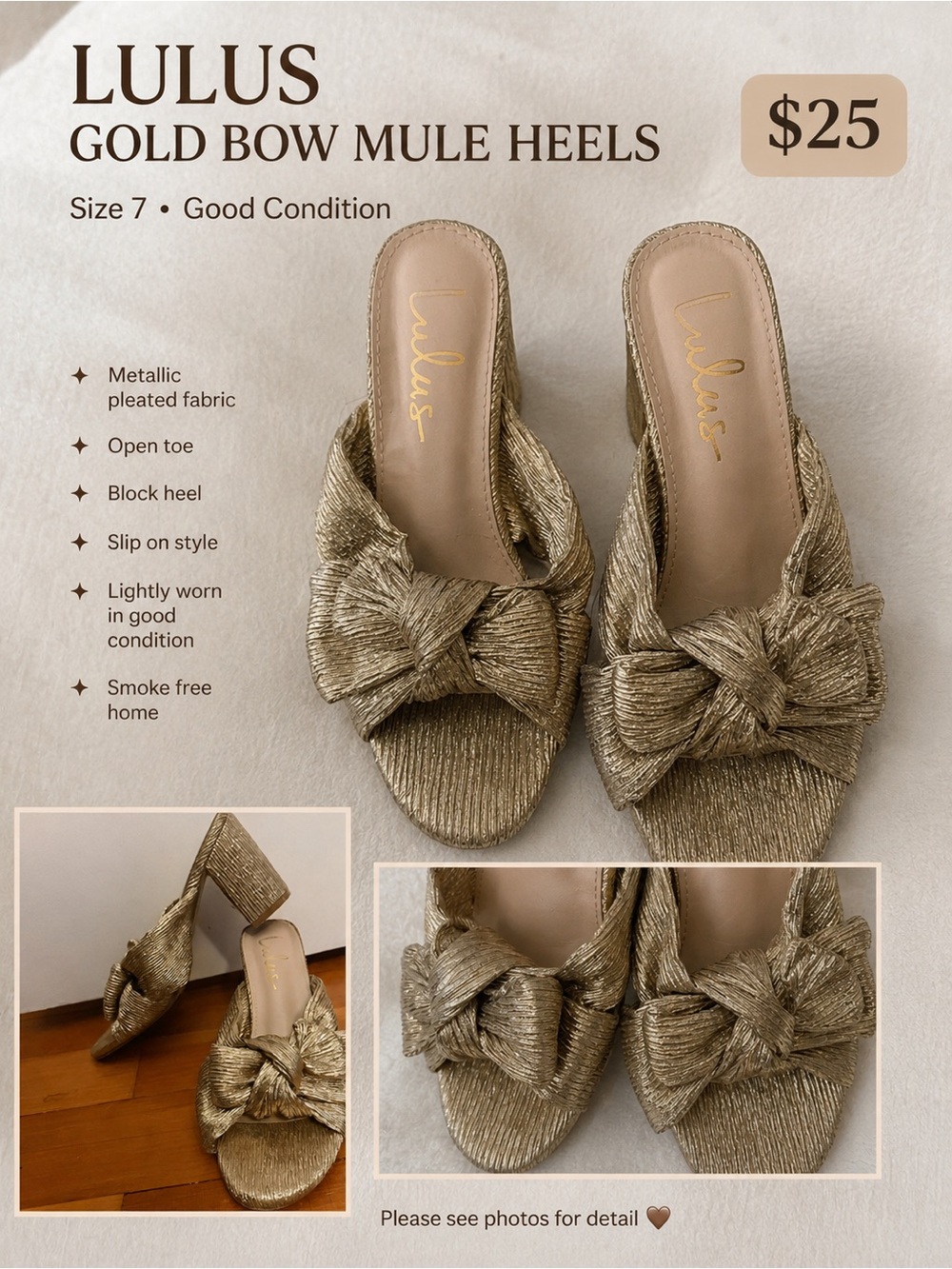 Lulu's Metallic Gold Knot Bow Mule Heels